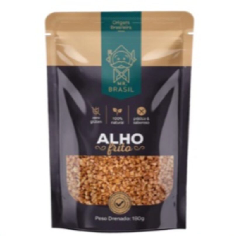 Sachê de Alho Frito Mr Brasil 180g em embalagem pouch, perfeito para temperar seus pratos favoritos.
