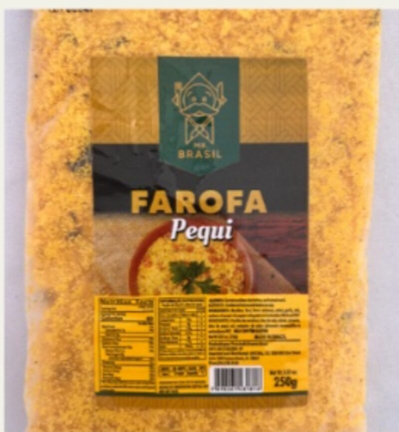 Pacote de Farofa de Pequi Mr Brasil 250g com imagem do produto e ingredientes visíveis