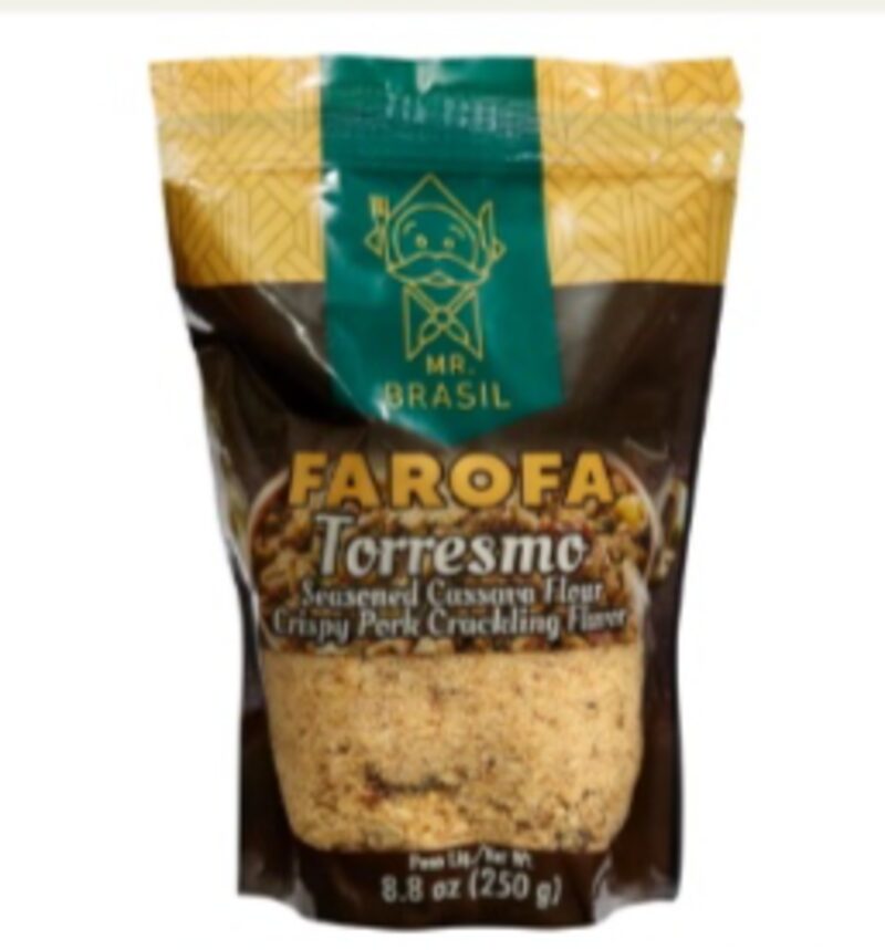 Pacote de Farofa de Torresmo Mr Brasil de 250g com imagem destacando a textura crocante e ingredientes tradicionais.