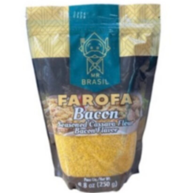 Embalagem de farofa de bacon Mr Brasil de 250g com imagem destacando o produto e ingredientes