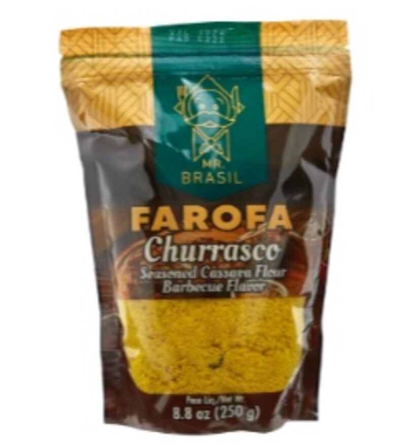 Pacote de farofa de churrasco Mr Brasil de 250g, ideal para acompanhar carnes e churrascos.