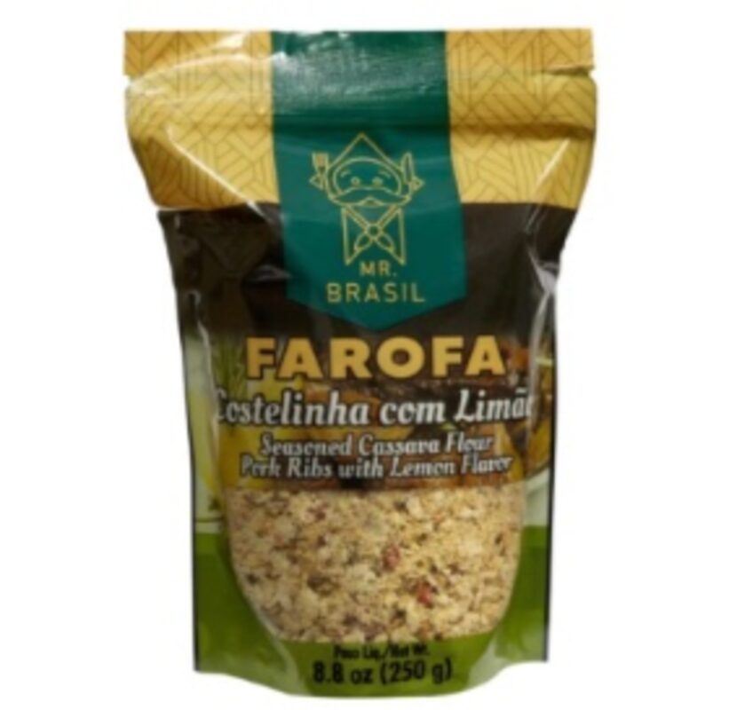 Embalagem de farofa Mr Brasil de Costelinha com Limão 250g, caixa com 12 unidades