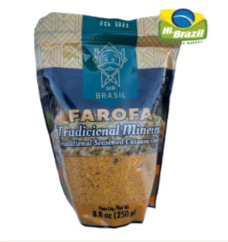 Pacote de Farofa Tradicional Mineira Mr Brasil 250gr com imagem destacando a embalagem e ingredientes típicos