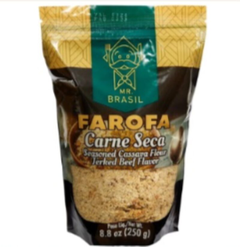 Embalagem de farofa de carne seca Mr Brasil 250g com destaque para o produto e ingredientes